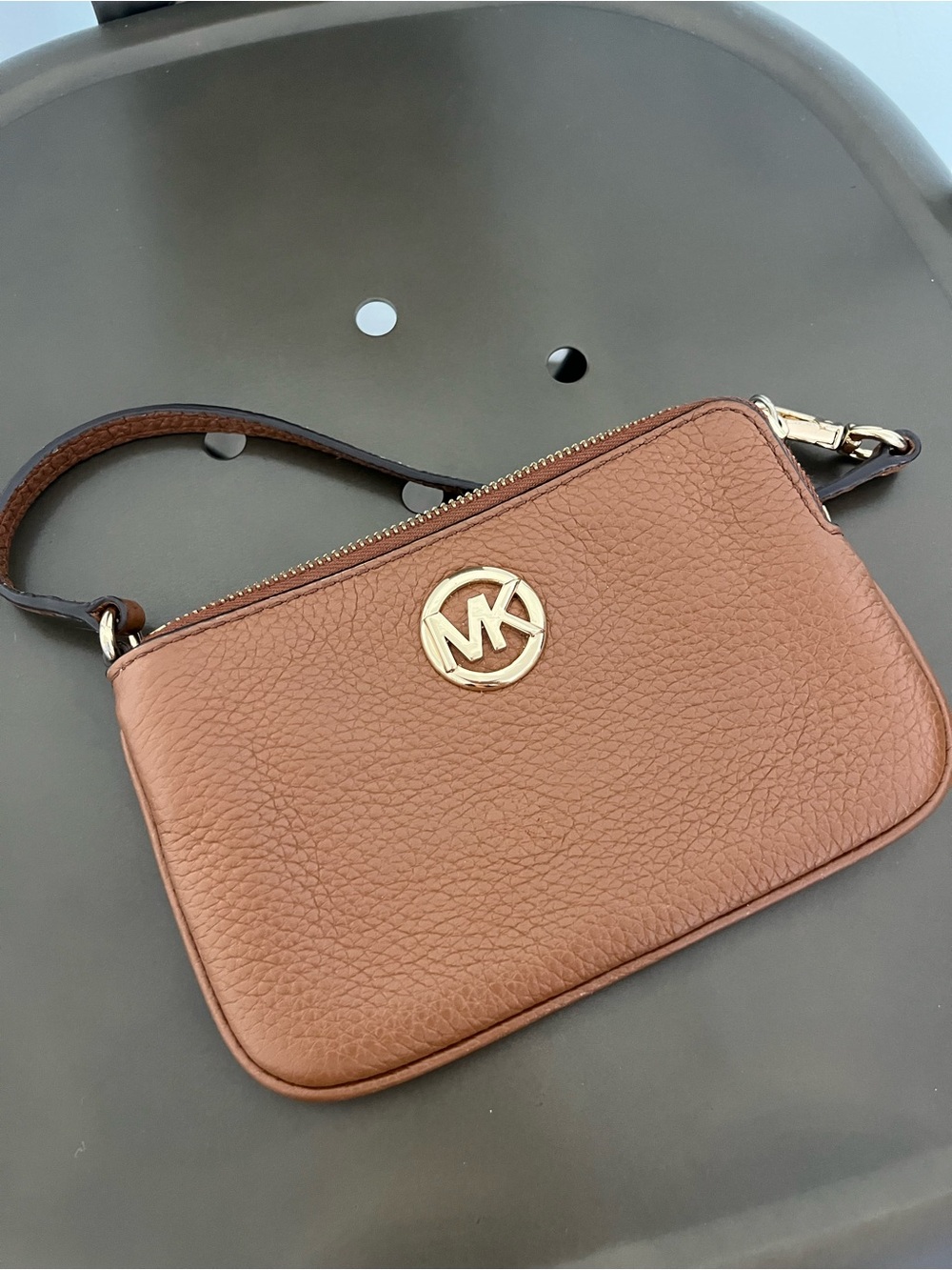 Michael Kors Cognac Brown Leather Zip Wristlet with Gold Logo